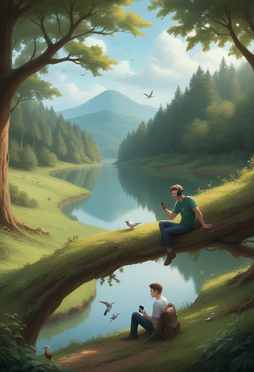 Generate an image for me.
A beautiful green valley in which there are many trees and birds sitting on that trees. A boy is sitting under a tree with iphone and headset also some birds are sitting near him and a beautiful small river is in front of him. Make it realistic