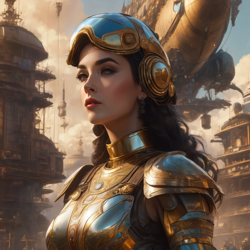 a woman in a futuristic dress, standing in front of a crowd, large dieselpunk flying airships, dribbble, inspired by Gil Elvgren, fantasy paladin woman, inspired by Mark Brooks, portrait of helen of troy, sci-fi, golden armour, beautiful detailed eyes, beautiful detailed lips, extremely detailed eyes and face, long eyelashes, hyperrealistic, cinematic lighting, dramatic, muted colors, dramatic chiaroscuro, highly detailed, intricate, 8k, photorealistic