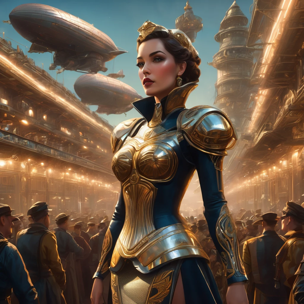 arafed image of a woman in a blue dress standing in a room with a lot of robots, large dieselpunk flying airships, 2 5 th anniversary music video, white and gold color scheme, by James Morrison, rendering of beauty pageant, nuka cola, syndicate(2012), still image from the movie, symmetrical artwork. cinematic, parade --auto --s2