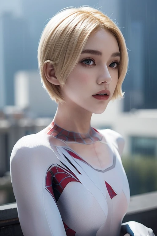 18 yo girl, white spider man suit, short blunt hair, blonde, beautiful face, rain, roof, masterpiece, intricate detail, perfect anatomy, redhead, photo realistic