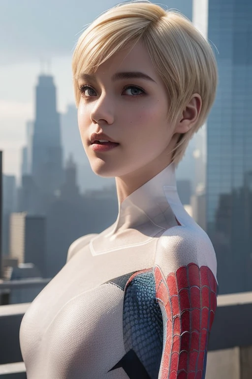 18 yo girl, white spider man suit, short blunt hair, blonde, beautiful face, rain, roof, masterpiece, intricate detail, perfect anatomy, redhead, photo realistic