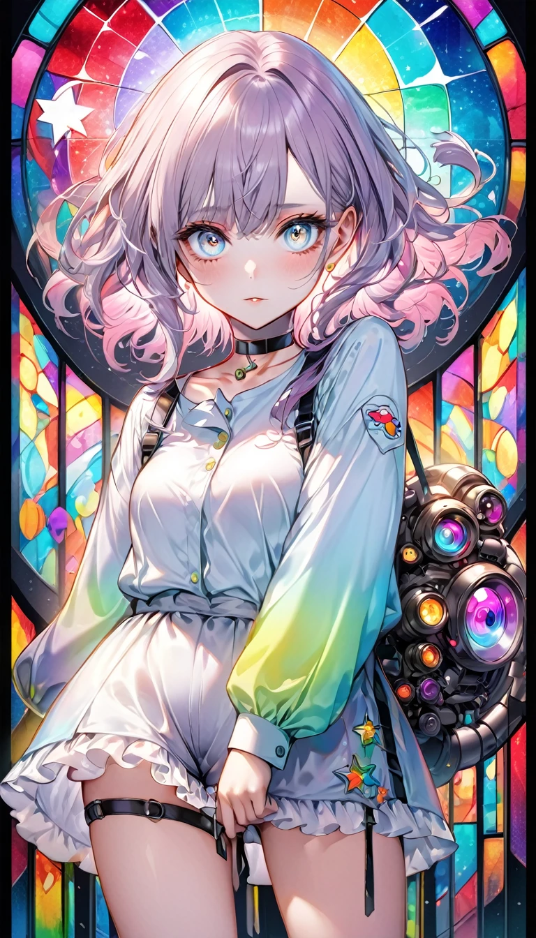 beautiful woman, (big round eyes, star-shaped pupils), amorous and lewd face, cool and sadistic, looking down with a cold gaze, makeup, great proportion, wearing baggy loose shirt, frilly shorts, heavy engineer boots, choker, standing pose, background pastel color palette, large pastel stained glass, shading effects, gradation magic effects, (ultra detailed, absolutely resolution, best quality:1.3), 2.5D, delicate and dynamic, artistic photography, hyper realistic, graphic CG digital art