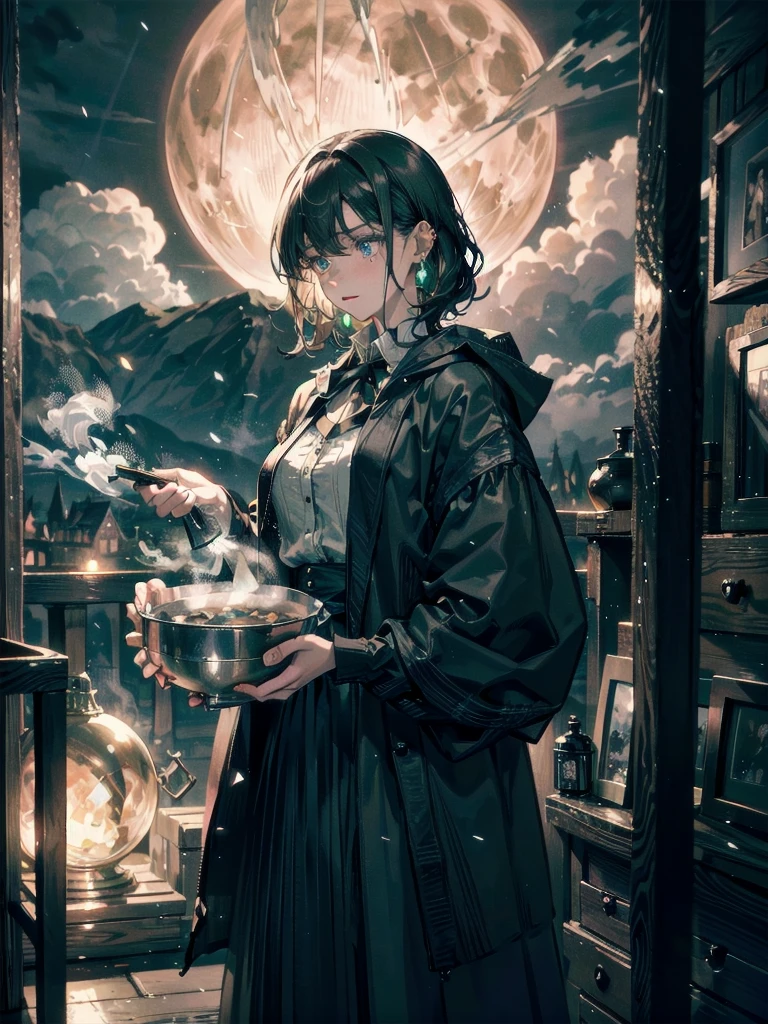 whole body, a beautiful witch in her alchemist room, working on her project with a steaming cauldron filled with green glowing smoke, against the backdrop of a fantasy night with a full moon and a view from the window, dressed in a traditional witch outfit, absurdres, RAW photo, extremely delicate and beautiful, masterpiece, Best Quality, ultra high resolution, 32k, hyperrealistic, ultra-detailed, detailed description, pale skin, 20 years old, detailed beautiful face and eyes, tearful mole, earring, Colossal tits, short medium hair, wavy hair,