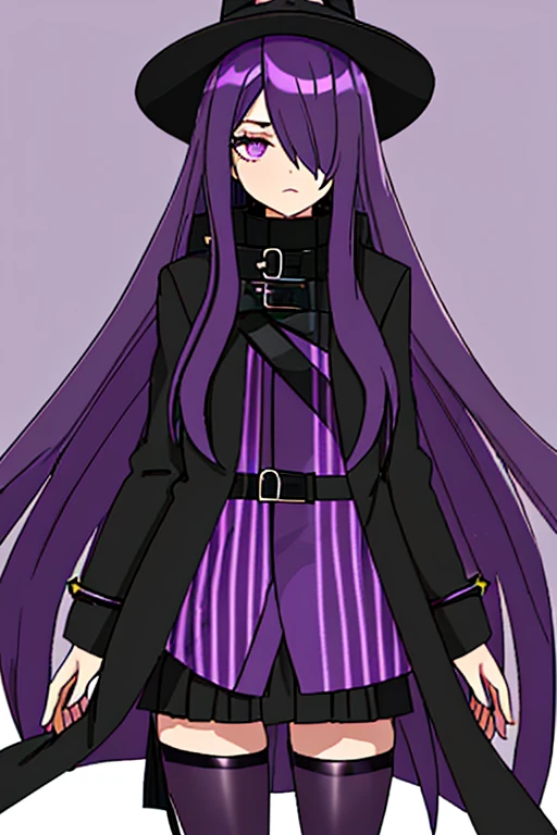 girl, long purple hair, The hair hides one eye, in full growth, Dressed in a black coat, purple tights with black stripes