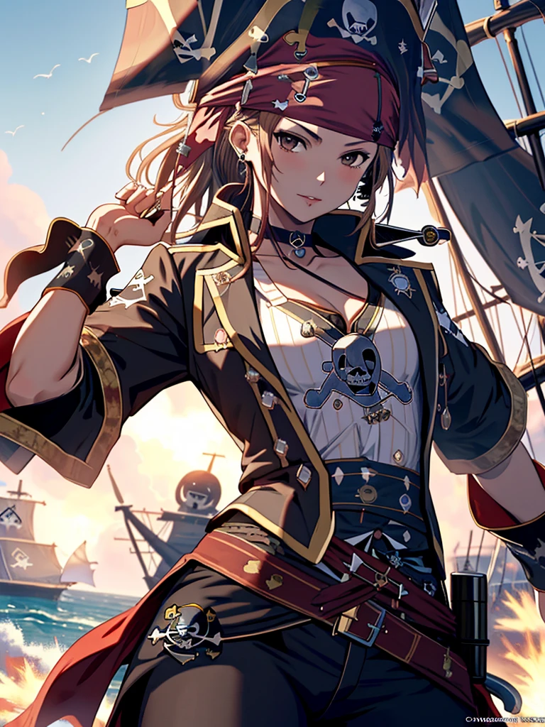 (Pirate War:1.5), Misaka Mikoto, 1girl, black choker, uhd, retina, masterpiece, ccurate, anatomically correct, textured skin, super detail, high details, high quality, best quality, highres, 4K