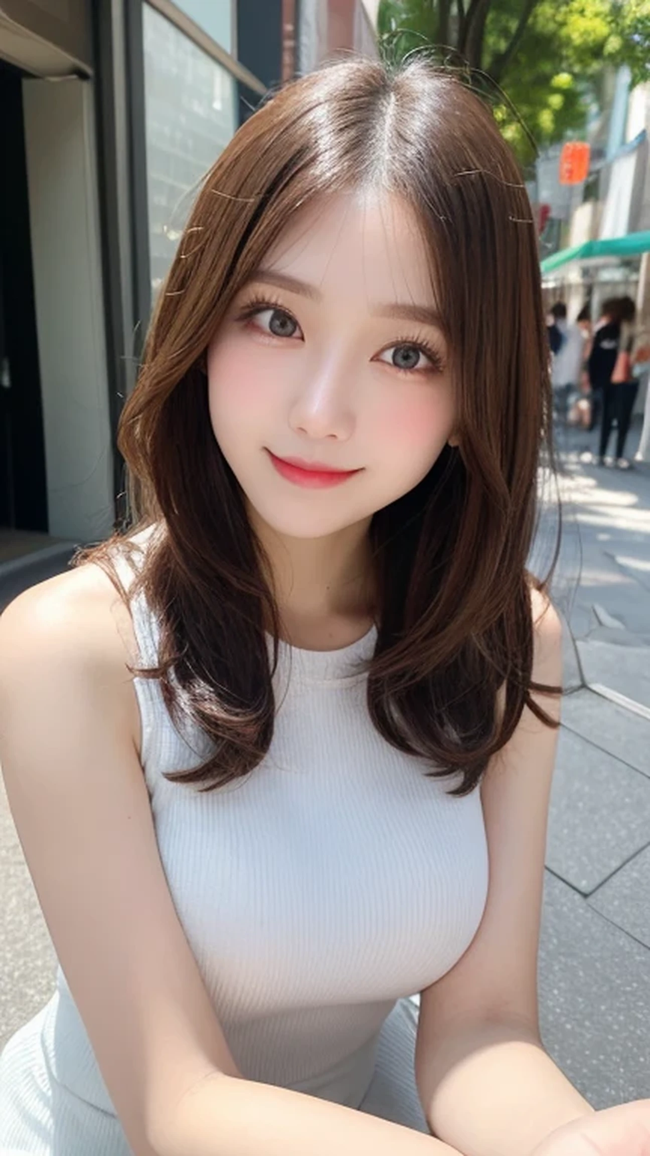 on the table, best quality, illustration, Super detailed, fine details, high resolution, 8k wallpaper, Perfect dynamic composition, Beautiful and delicate eyes, Dores,medium hair, big breasts, natural color lips, Casual and sexy pose,Smile,Aoyama Pedestrian Street、sleevelessdress、20 year old girl、Slim body type