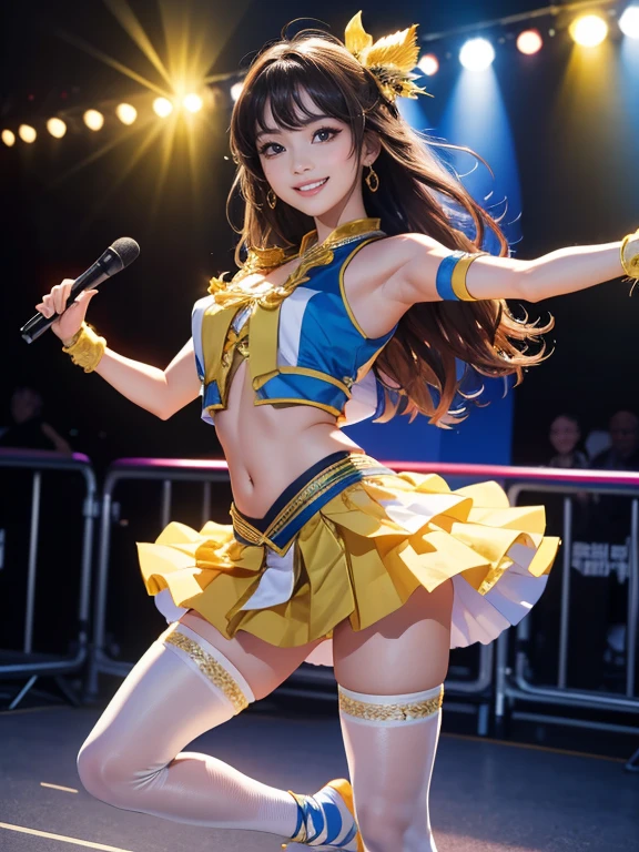 (Highest quality、 8k 、masterpiece、High resolution)、(Dancer)、Full Body Shot、15 year old girl、Idol Group、cute、Dancing with a smile、Outdoor Stage、AKB48 Costumes、Realistic、Official Art、Detailed CG、Professional Lighting、Professional photographer、(Depth of written boundary:1.3)、