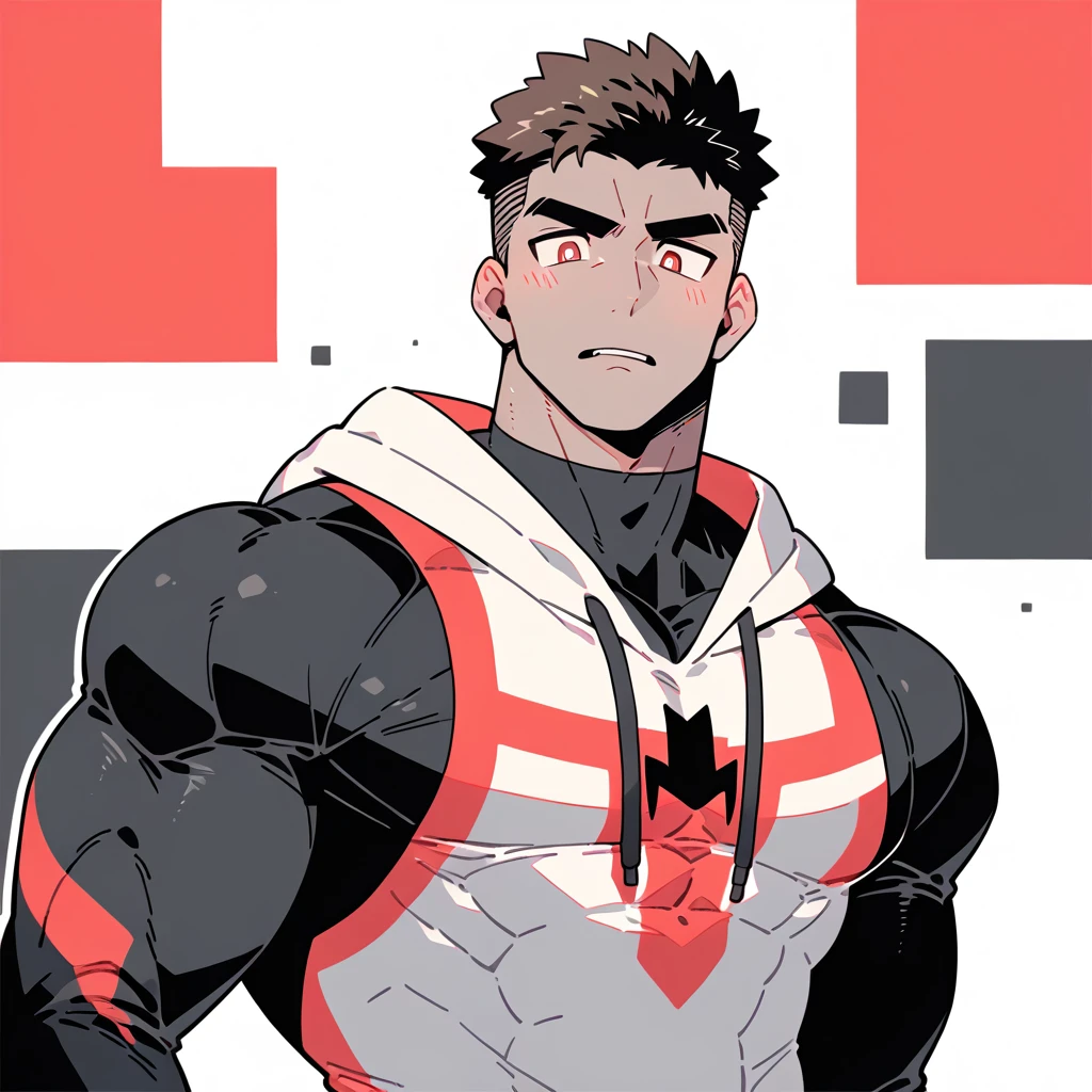 anime characters:Spider-Man, Dark Grey Skin Muscle Sports Student, Manliness, male focus, Sports tight hooded sweatshirt, Under Armour Brand, Wear a high-necked tights underneath, Very tight, Huge pectoral muscles, muscular male, muscular, only, Upper body, alone, Red short hair, Thick eyebrows, stubble, Brown-red pupils, White background, Solid color background, Clean background, simple background, amazing quality, best aesthetics, Ridiculous, crew cut, bright pupils, embarrassed, frown, parted lips, endured face, negative space, negative space, best quality