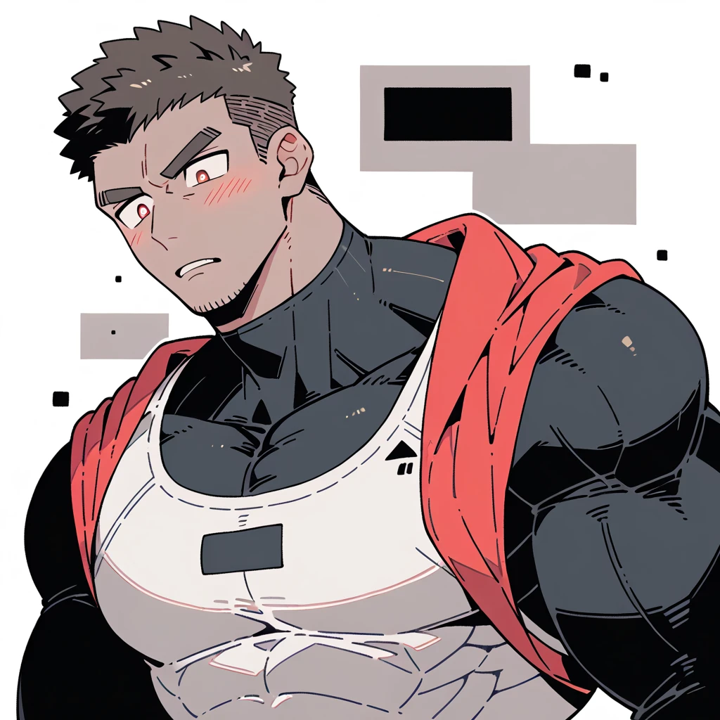 anime characters：Spider-Man, Dark Grey Skin Muscle Sports Student, Manliness, male focus, Sports tight hooded sweatshirt, Under Armour Brand, Wear a high-necked tights underneath, Very tight, Huge pectoral muscles, muscular male, muscular, only, Upper body, alone, Red short hair, Thick eyebrows, stubble, Brown-red pupils, White background, Solid color background, Clean background, simple background, amazing quality, best aesthetics, Ridiculous, crew cut, bright pupils, embarrassed, frown, parted lips, endured face, negative space, negative space, best quality