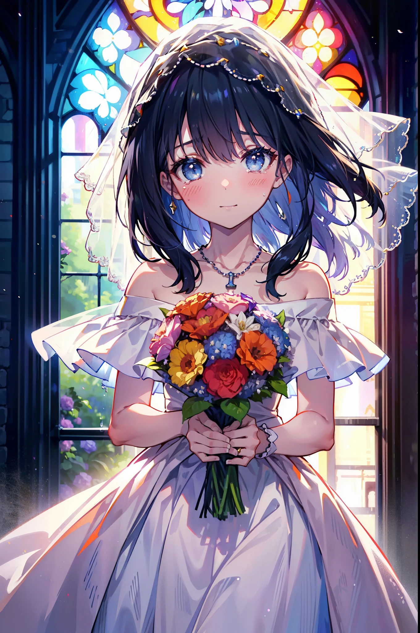 Rikka body, Black Hair, blue eyes, Long Hair, orange Scrunchie, Scrunchie, wrist Scrunchie,happy smile, smile, Open your mouth,blush,off-the-shoulder wedding dresses,necklace,Veil,Holding a bouquet in both hands,,Please close your eyes.,Tears stream down her face,Tears of joy,I cry a lot,Stained glass,
break looking at viewer, whole body,(Cowboy Shot:1. 5) break indoors, Chapel,church, break (masterpiece:1.2), Highest quality, High resolution, unity 8k wallpaper, (shape:0.8), (Beautiful attention to detail:1.6), Highly detailed face, Perfect lighting, Extremely detailed CG, (Perfect hands, Perfect Anatomy),