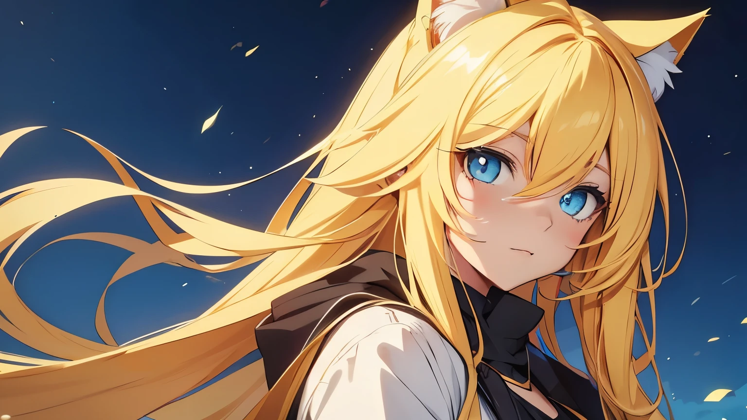 Anime cat girl with long yellow hair and blue eyes doesn't smile.