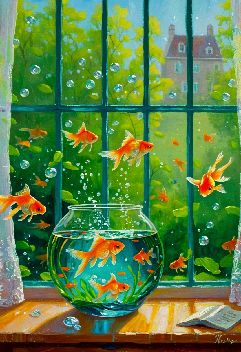 there are many goldfish swimming in a bowl in front of a window, floating goldfish, Fish floating in bedroom, goldfish, Fish, Alexander Kucharsky, Fish swimming, rain，Inspired by mark keathley, Magical Realism, Rob McNaughton, darrell k sweet, Acrylic art, Fishes swim around, Andrei Godeyev, Written byMin Zhen