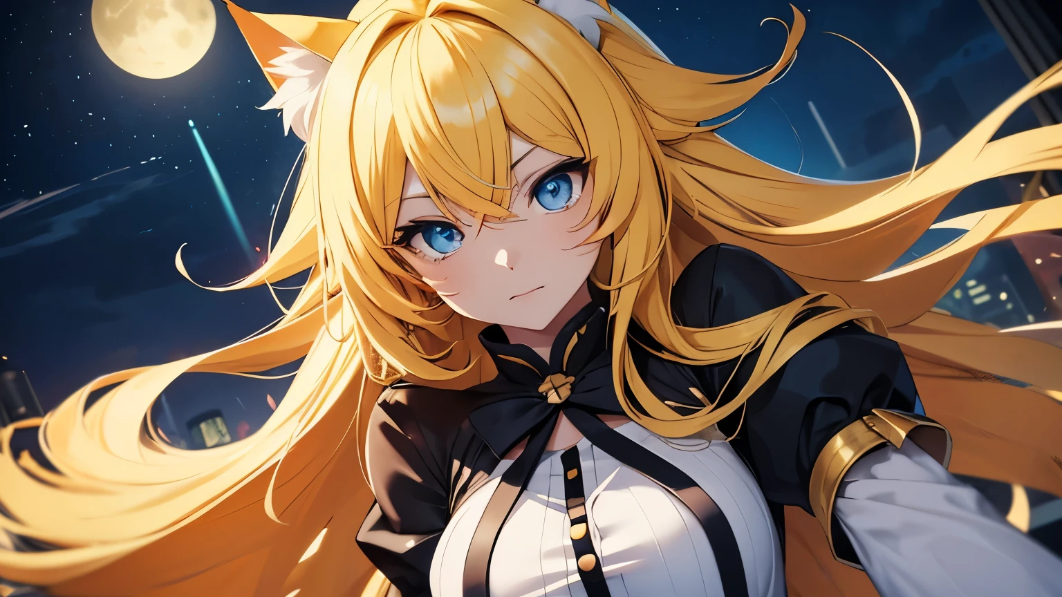Anime cat girl with long yellow hair, blue eyes, wide angle