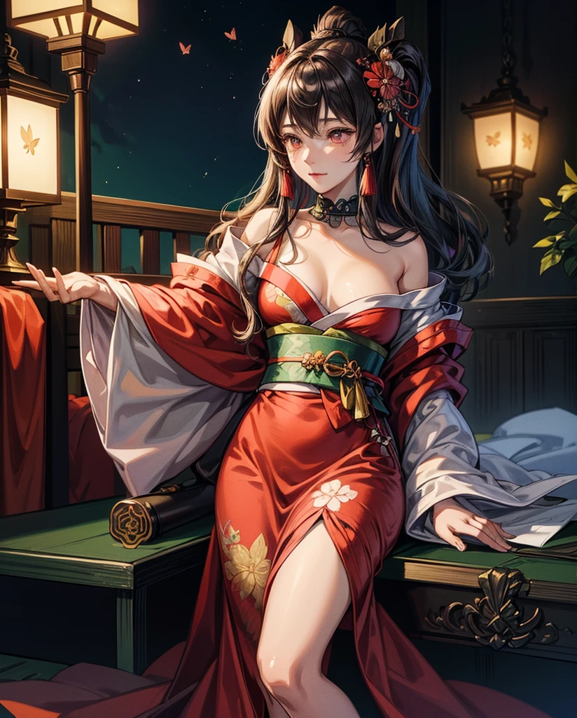 **A woman dressed in a gorgeous and beautiful uchikake with butterflies and flowers and holding a kiseru in her hand is relaxing in the tatami room. She has a beautiful face and shining eyes of vivid colors. She is dressed in a luxurious and colorful kimono. A gorgeous folding screen. A lantern is lit in the dimly lit tatami room at night. The detailed drawing. Vivid colors. High image quality.