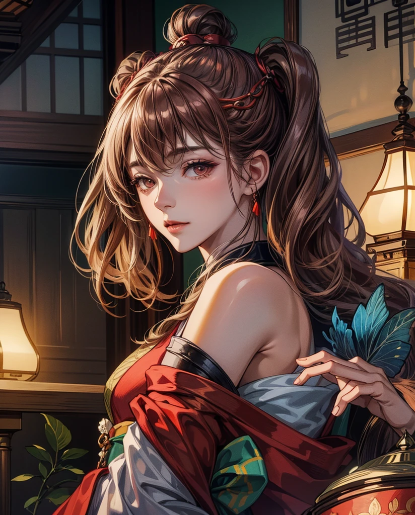 **A woman dressed in a gorgeous and beautiful uchikake with butterflies and flowers and holding a kiseru in her hand is relaxing in the tatami room. She has a beautiful face and shining eyes of vivid colors. She is dressed in a luxurious and colorful kimono. A gorgeous folding screen. A lantern is lit in the dimly lit tatami room at night. The detailed drawing. Vivid colors. High image quality.