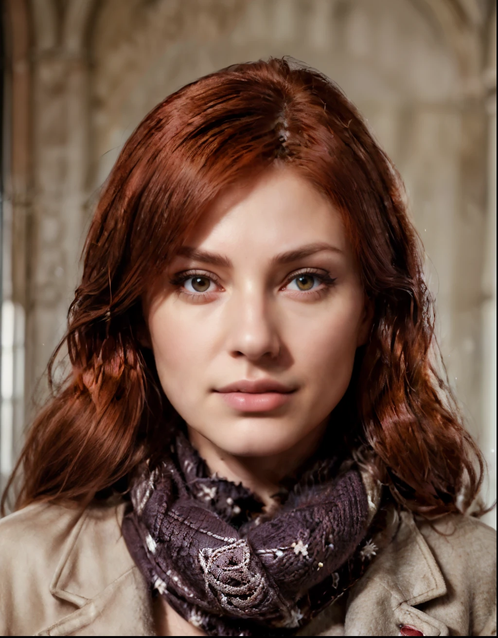 Frontview photo, faceshot, Beautiful redhead woman in a coat and scarf, in her late twenties, high definition, HD, realistic