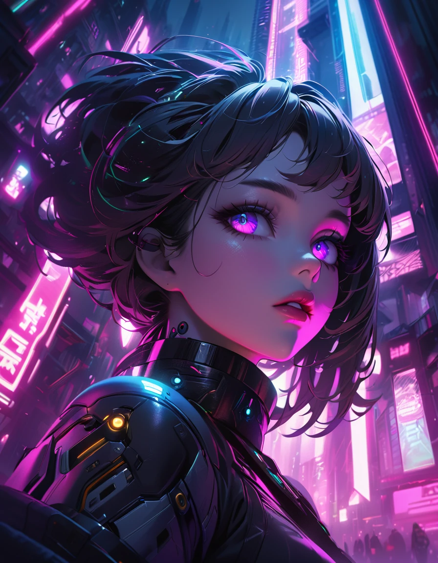 a cyberpunk girl in futuristic city, beautiful detailed eyes, beautiful detailed lips, extremely detailed face and skin, long eyelashes, intricate cybernetic implants, neon lighting, dramatic low angle perspective, vivid neon colors, dystopian, dark moody atmosphere, cinematic lighting, photorealistic, 8k, best quality, masterpiece