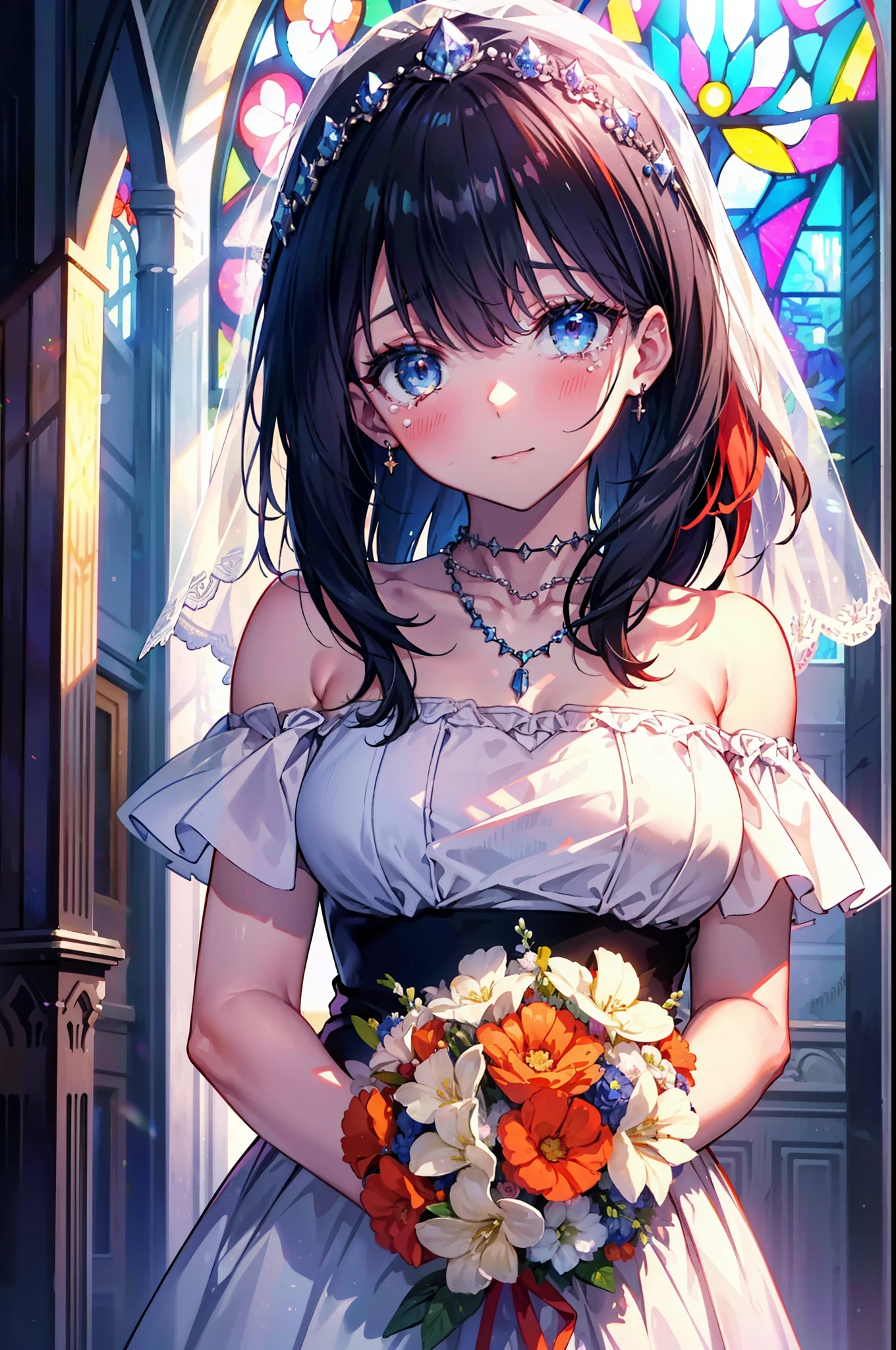 Rikka body, Black Hair, blue eyes, Long Hair, orange Scrunchie, Scrunchie, wrist Scrunchie,happy smile, smile, Open your mouth,blush,off-the-shoulder wedding dresses,necklace,Veil,Holding a bouquet in both hands,,Please close your eyes.,Tears stream down her face,Tears of joy,I cry a lot,Stained glass,
break looking at viewer, whole body,(Cowboy Shot:1. 5) break indoors, Chapel,church, break (masterpiece:1.2), Highest quality, High resolution, unity 8k wallpaper, (shape:0.8), (Beautiful attention to detail:1.6), Highly detailed face, Perfect lighting, Extremely detailed CG, (Perfect hands, Perfect Anatomy),