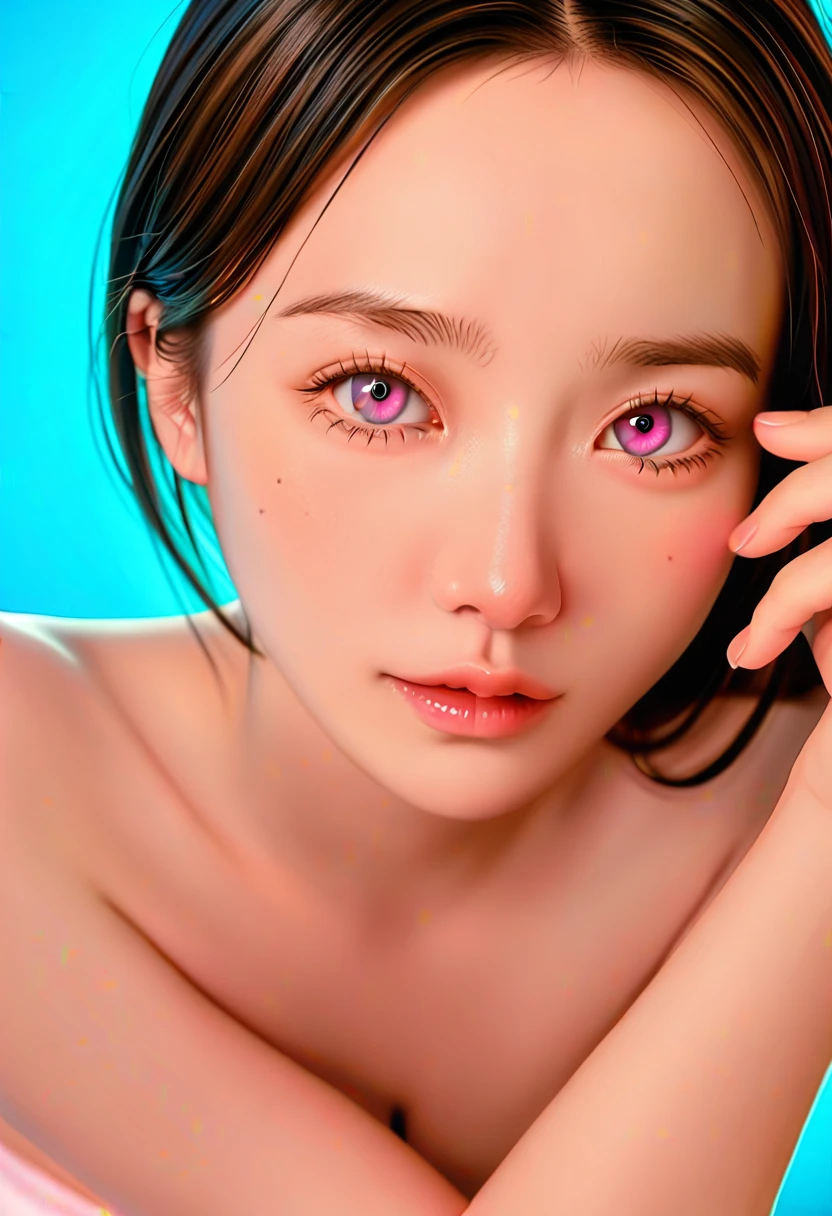 A lovely and sweet Chinese woman, Delicate and sexy collarbone, Attractive goose face, double eyelid, Clever pink eyes, Pink Lips, small, upturned nose, Exposing shoulders, Concentrated face, Face close-up, Ultra HD, Super Detail, Full body photo, Ultra-thin, optimal light transmission ratio, 4 fingers and 1 thumb, JK Mini Skirt