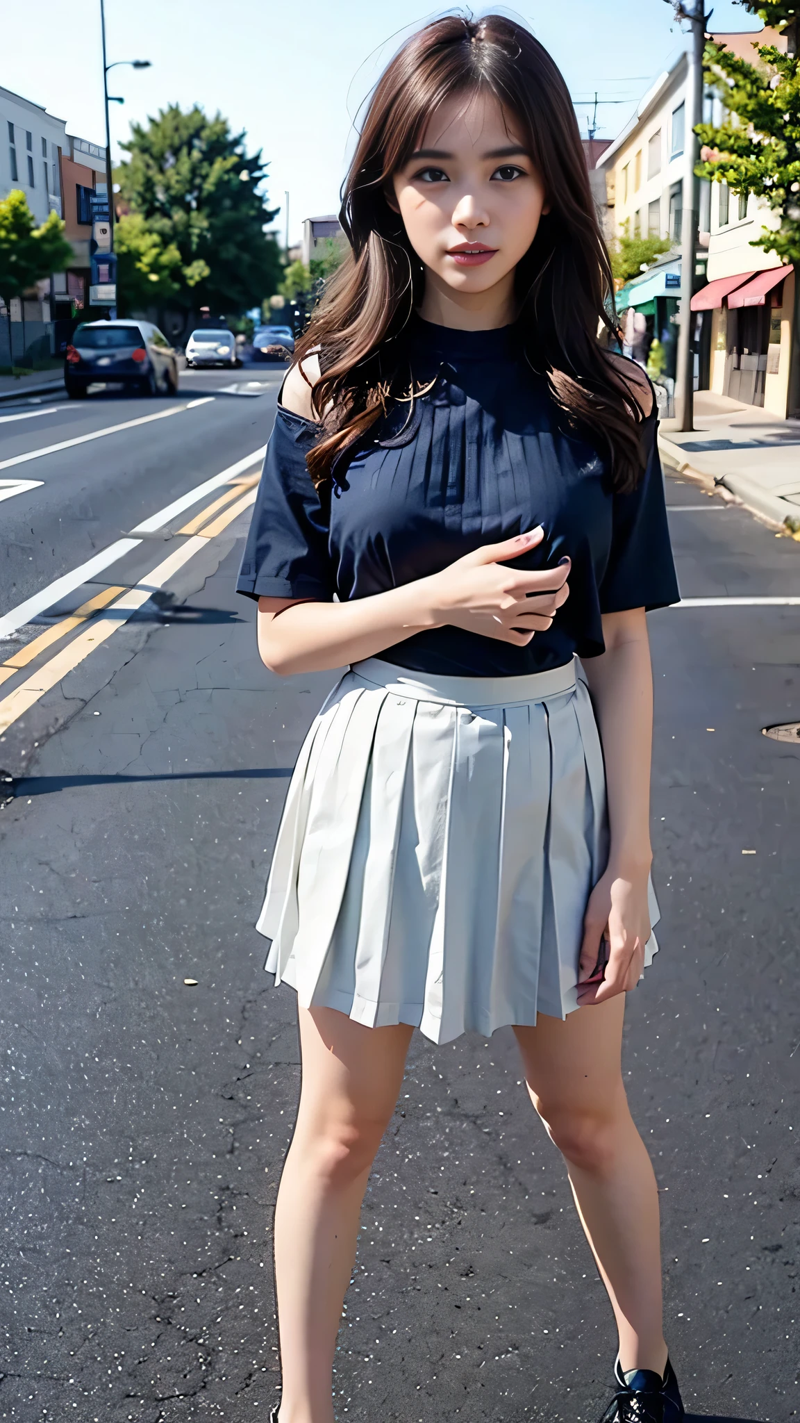(18 years old beautiful girl), ((Best quality, 8k, Masterpiece: 1.3)), Focus: 1.2, Perfect Body Beauty: 1.4, (night, Street:1.3), Highly detailed face and skin texture, Fine eyes, Double eyelids, pale skin, slender arms, (skinny), ((big tits)), (elected nipples), White Short Sleeve sheer Dress Shirt, (Navy pleated skirt:1.5), ((mini skirt)), ((full body)), ((head to toe)),