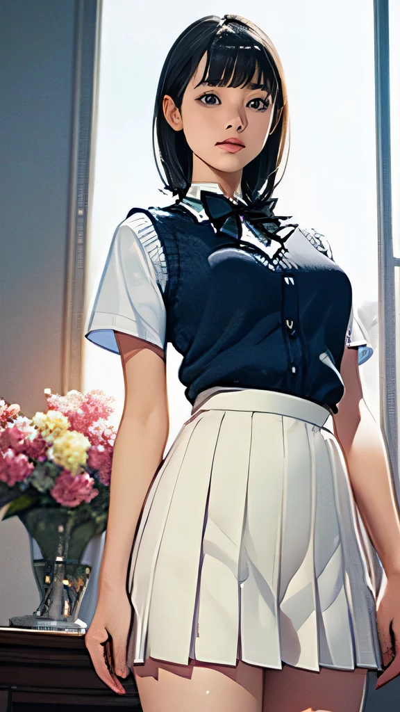 (masterpiece:1.2, Highest quality), (Realistic, photoRealistic:1.4), Beautiful illustrations, (Natural Side Lighting, Cinema Lighting), Written boundary depth, Looking at the audience, (Face Focus, Upper Body), Front view, 1 girl, Japanese, high school girl, , Perfect Face, Symmetrical cute face, Glowing Skin, (Bob Hair:1.7,Black Hair), Asymmetrical bangs, Big eyes, Droopy eyes, long eyelashes chest), thin, Beautiful Hair, Beautiful Face, Beautiful and beautiful eyes, Beautiful clavicle, Beautiful body, Beautiful breasts, Beautiful thighs, Beautiful legs, Beautiful fingers, ((Quality fabric texture, brown knit vest, Short sleeve white collar shirt, Navy Pleated Skirt, Navy bow tie)), (Beautiful views), evening, (Inside the flower shop), Are standing, (smile, Superior, Open your mouth), (From below:1.5),(Poor visibility:1.5),