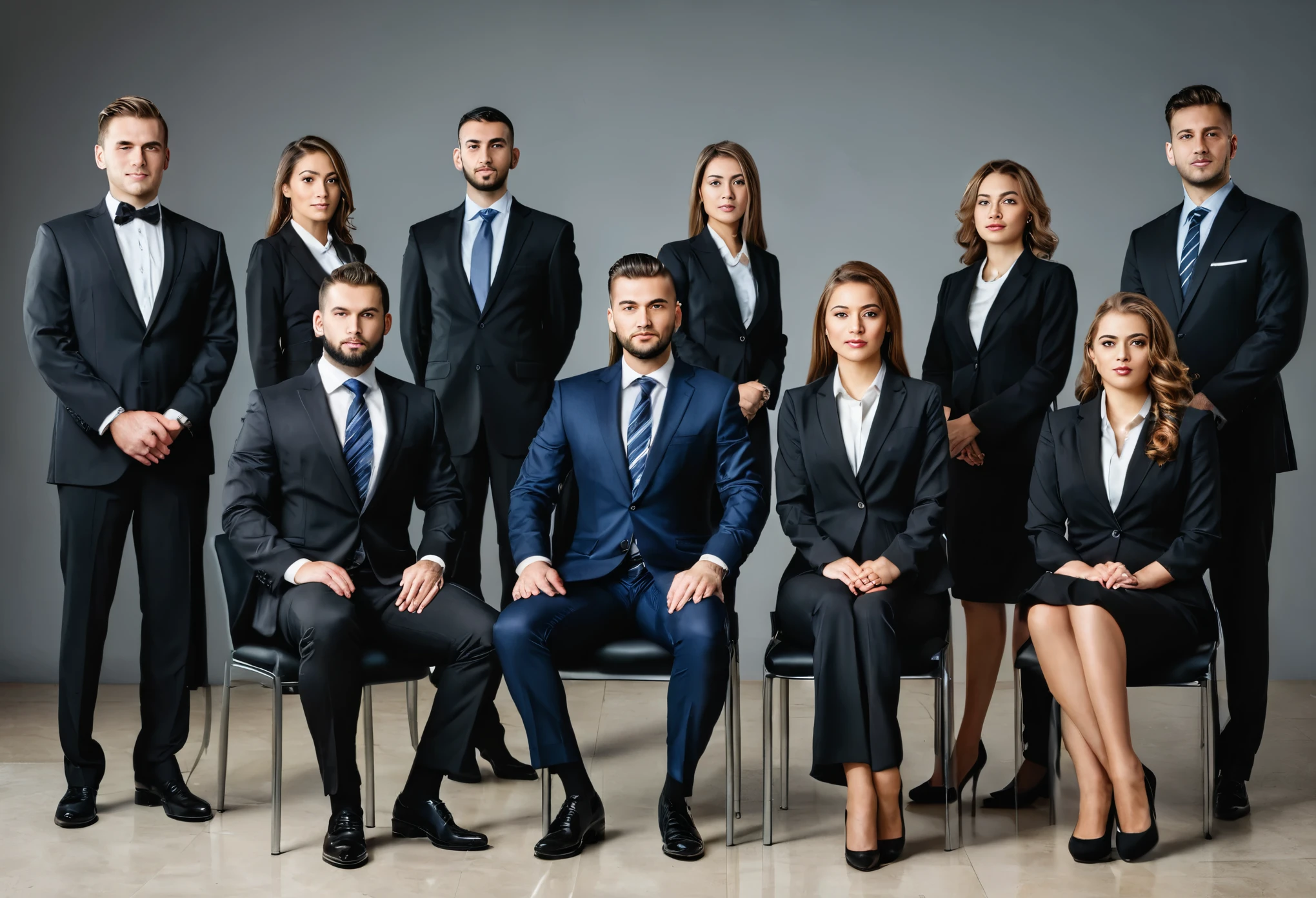a group of 5 men and 5 women in formal business attire standing and sitting, confident and looking directly at the viewer, full body shot
