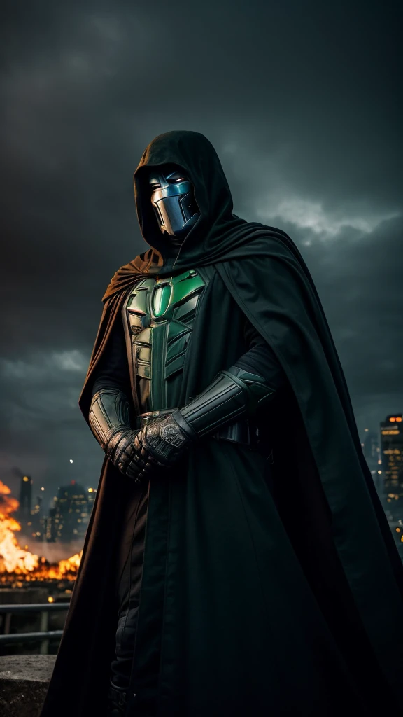 Doctor Doom Marvel, 35mm lens, photography, ultra-detailed, HDR, UHD, 8K, portraits, dark atmosphere, menacing expression, black cloak, iconic metal mask, glowing power green eyes, intricate armor, smoke effects, dynamic pose, ruined cityscape, dramatic lighting, intense shadows, vibrant colors, Srombreaker in hand