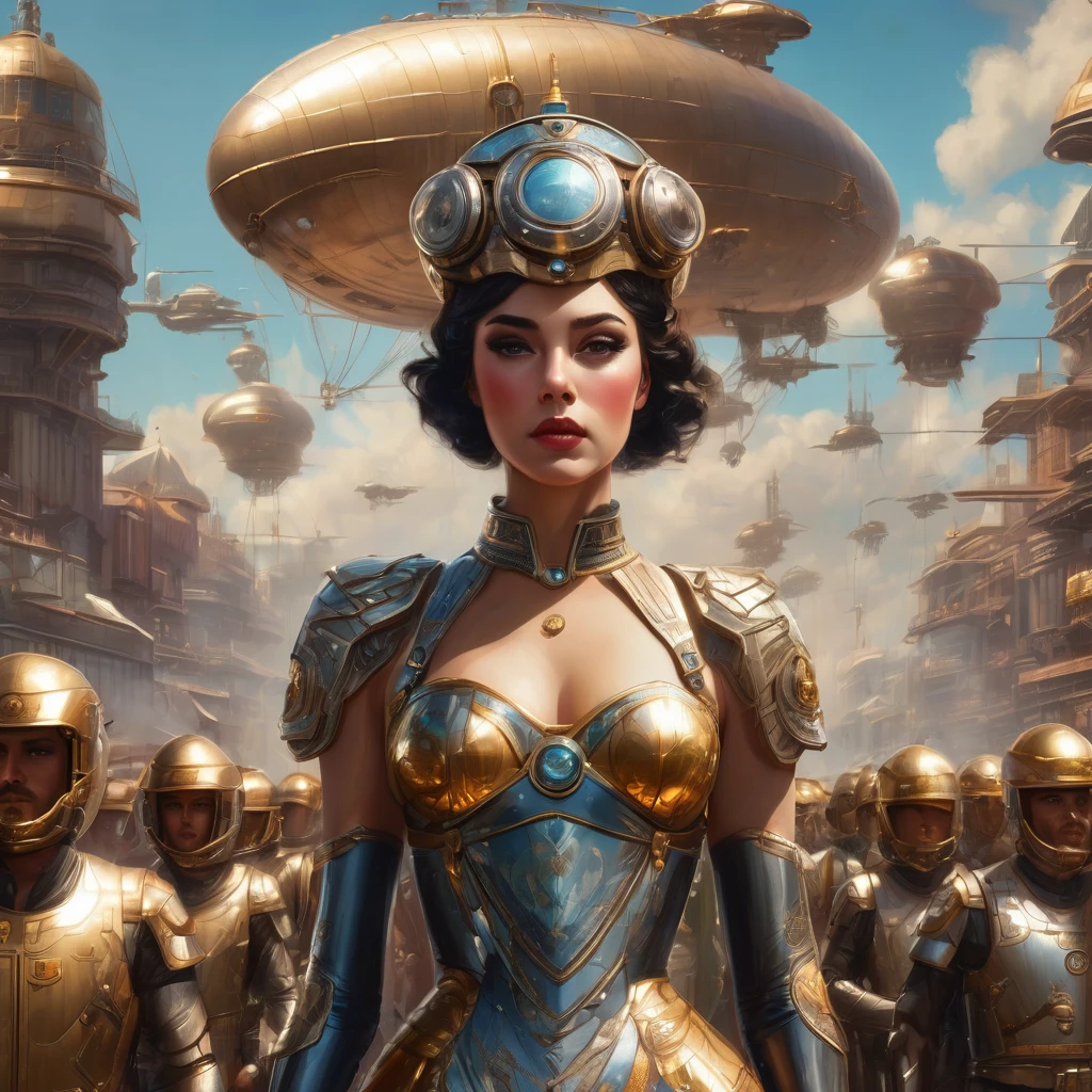 a woman in a futuristic dress, with insignia, standing in front of a crowd, large dieselpunk flying airships, dribbble, inspired by Gil Elvgren, fantasy paladin woman, inspired by Mark Brooks, portrait of helen of troy, sci-fi, golden armour, beautiful detailed eyes, beautiful detailed lips, extremely detailed eyes and face, long eyelashes, hyperrealistic, cinematic lighting, dramatic, muted colors, dramatic chiaroscuro, highly detailed, intricate, (best quality,4k,8k,highres,masterpiece:1.2),ultra-detailed,(realistic,photorealistic,photo-realistic:1.37)