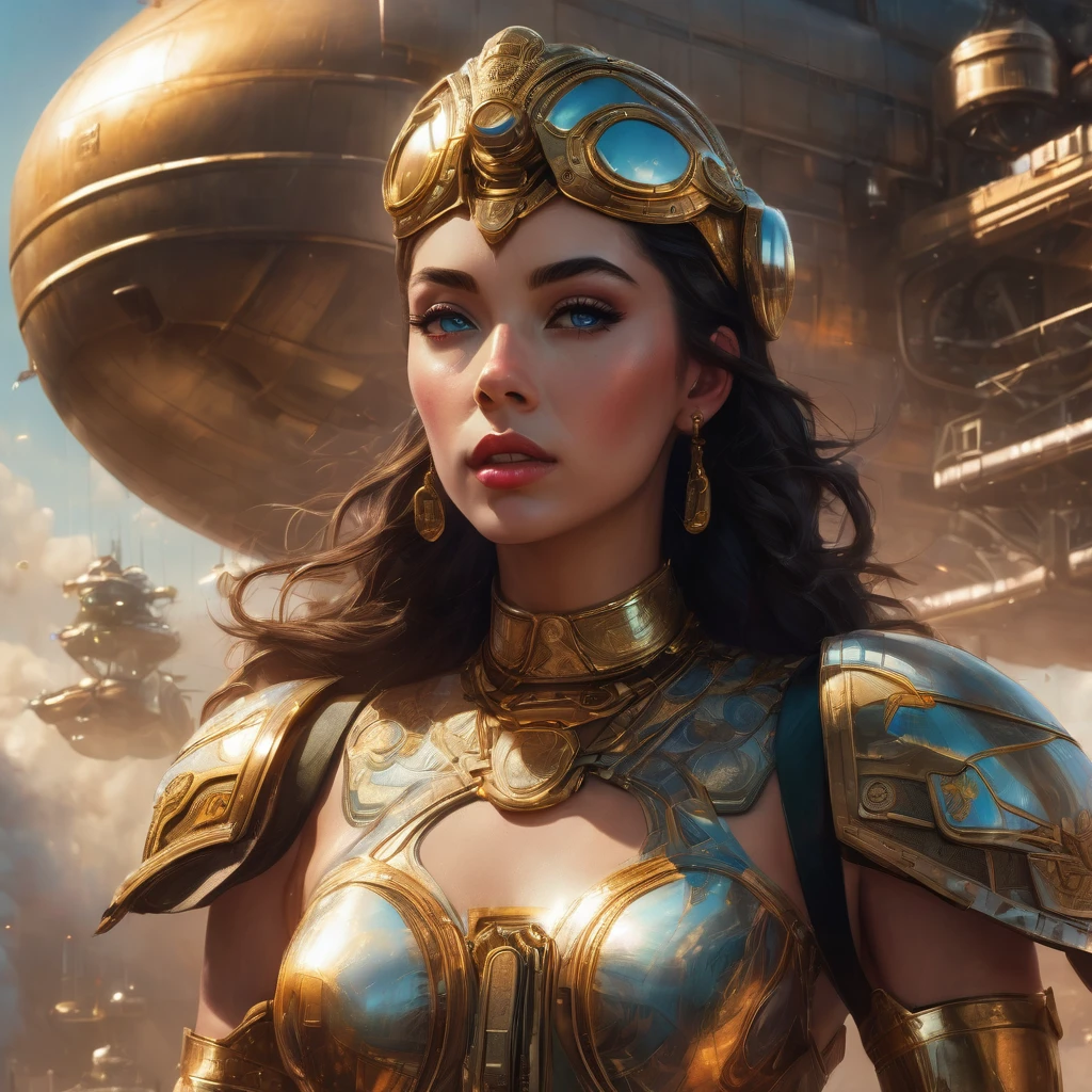 a woman in a futuristic dress, with insignia, standing in front of a crowd, large dieselpunk flying airships, dribbble, inspired by Gil Elvgren, fantasy paladin woman, inspired by Mark Brooks, portrait of helen of troy, sci-fi, golden armour, beautiful detailed eyes, beautiful detailed lips, extremely detailed eyes and face, long eyelashes, hyperrealistic, cinematic lighting, dramatic, muted colors, dramatic chiaroscuro, highly detailed, intricate, (best quality,4k,8k,highres,masterpiece:1.2),ultra-detailed,(realistic,photorealistic,photo-realistic:1.37)