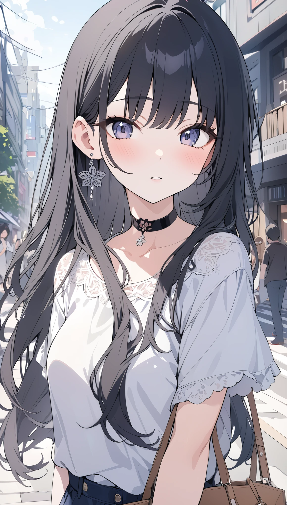 Anime girl with long black hair and white shirt walking down the street ...