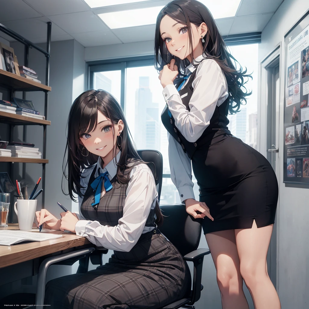 (Best Quality, Masterpiece),Wearing a pink plaid vest, White short sleeved shirt, Gray pencil skirt, Wear stiletto heels, Necklace, earrings, Cute face, Smile, Blushing, Shyness, Glass wall, Ultra Detail, Realistic, Front view, Whole body, stunning, cute, warm smile, hourglass figure, apron, text, chart, advertising, magazine title(Best Quality, Masterpiece), Mag((((1ladyl,)))) (masterpiece), (realistic), (best quality), (ultra-detailed), (wearing in [[white and gray check pattern]] Vest worn over white collared long-sleeved shirt:1.4), (gray vest with buttons:1.2), (Pink Theme:1.2), (blue ribbon ribbon:1.3), (Black theme:1.4), (Tight black pencil skirt:1.5), ((Brown pantyhose)), (high-heels:1.1),longskirt,office desk, office chair,Lulubre Unity 8K Wallpaper, pantyshot, long brown hair, office lady Magazine Cover, 1girl,  amazing, girl, 30 years old, house wiife, warm smile, hourglass figure, text, chart, advertising, magazine title
