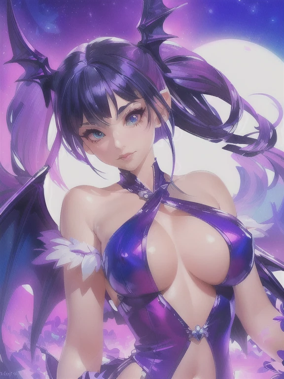 a close-up of a woman in a purple and blue outfit, morrigan, Morrigan Aensland, extremely detailed Artgerm, beautiful succubus, Artgerm detailed, Artgerm. high detail, model | Artgerm, as seen on Artgerm, seductive anime girl, Artgerm 4 k, Artgerm style