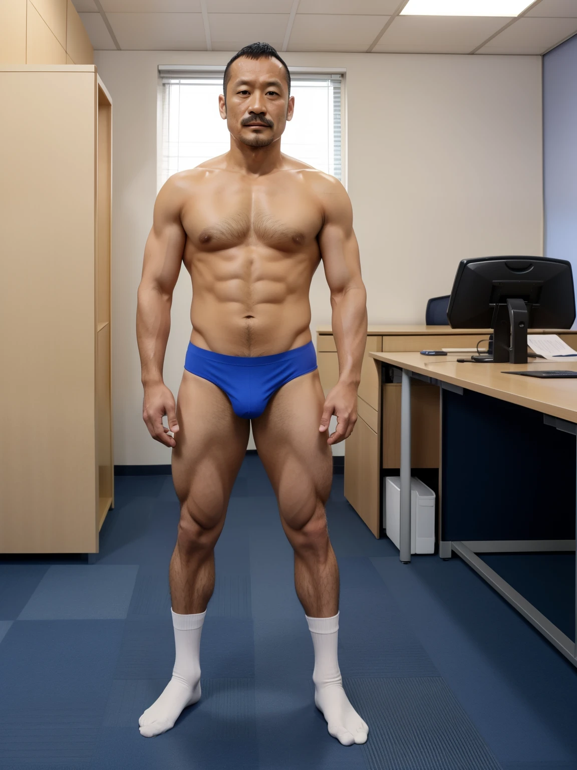 40 years old，Hidetoshi Nakata，（Kogoro Mori 1.3），whole body，Lean，muscle，office，Blue socks，foot，Standing，Baldhead ，transparent，Thick body hair，underwear，Topless，Densely hairy，Fortitude，HD，With a mustache