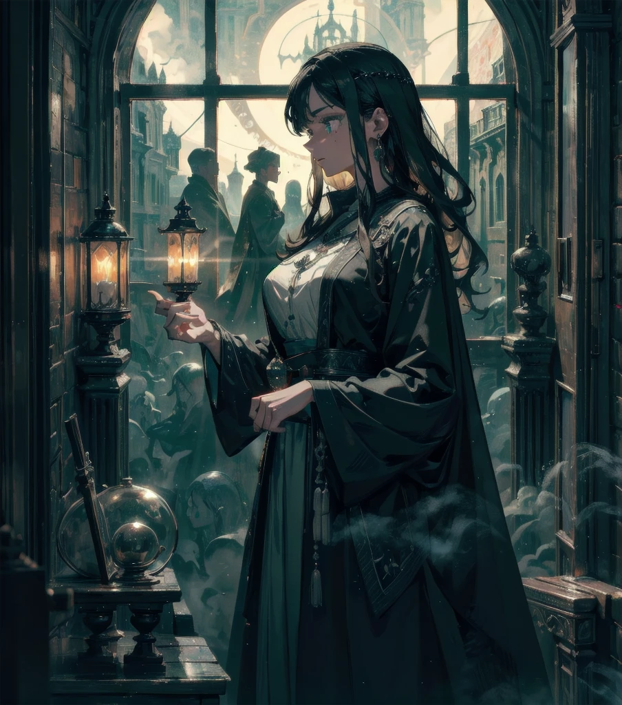 absurdres, RAW photo, extremely delicate and beautiful, masterpiece, Best Quality, ultra high resolution, 32k, hyperrealistic, ultra-detailed, Very detailed CG 8k wallpaper, detailed background, landscape, Beautiful Lighting, Perfect Lightning, Realistic Shadows, perfect anatomy, anatomically correct, ideal ratio body proportions, perfect figure, Perfect Style, Perfect balance, super Detailed skin, in her 30s, very Slim body, narrow waist, very small head, very small face, delicate facial features, handsome detailed woman, very detailed eyes and face, realistic face proportions, Realistic beautiful face, Realistic beautiful eyes, tearful mole, earring, whole body shot, very huge round tits, medium hair, asymmetrical hair, wavy hair, witch in her alchemist room, working on her project with a steaming cauldron filled with green glowing smoke, against the backdrop of a fantasy night with a full moon and a view from the window, dressed in a traditional witch outfit,