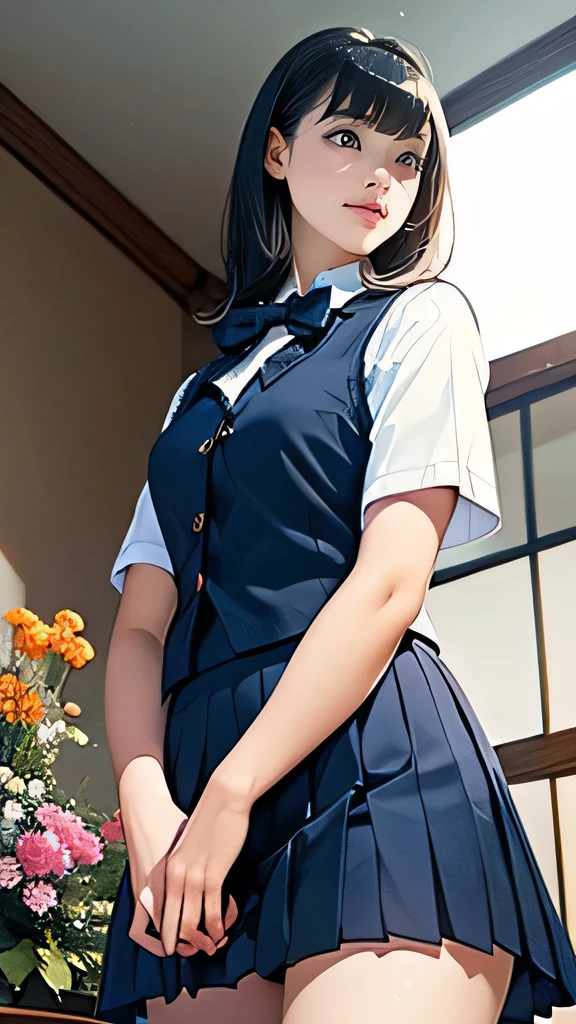 (masterpiece:1.2, Highest quality), (Realistic, photoRealistic:1.4), Beautiful illustrations, (Natural Side Lighting, Cinema Lighting), Written boundary depth, Looking at the audience, (Face Focus, Upper Body), Front view, 1 girl, Japanese, high school girl, 15 years old, Perfect Face, Symmetrical cute face, Glowing Skin, (Bob Hair:1.7,Black Hair), Asymmetrical bangs, Big eyes, Droopy eyes, long eyelashes chest), thin, Beautiful Hair, Beautiful Face, Beautiful and beautiful eyes, Beautiful clavicle, Beautiful body, Beautiful breasts, Beautiful thighs, Beautiful legs, Beautiful fingers, ((Quality fabric texture, brown knit vest, Short sleeve white collar shirt, Navy Pleated Skirt, Navy bow tie)), (Beautiful views), evening, (Inside the flower shop), Are standing, (smile, Superior, Open your mouth), (From below:1.5),(Poor visibility:1.5),
