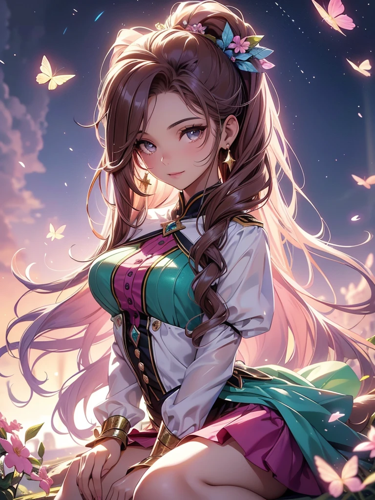 (best quality,4k,8k,highres,masterpiece:1.2),ultra-detailed,(realistic,photorealistic,photo-realistic:1.37),acrylic painting,beautiful Brazilian model in a uniform outfit red and gold with downy hair,beautiful Brazilian model with extremely colorful brown hair and detailed facial features,beautiful Brazilian model standing in a beautiful garden surrounded by a starry sky,pink hair,beautiful Brazilian model wearing a vibrant rose pinkl and gold uniform outfit,beautiful Brazilian model with intricate accessories,cat ears, ,beautiful Brazilian model with long flowing twintails,beautiful Brazilian model with bright brown eyes and rosy lips,beautiful Brazilian model with a joyful expression,beautiful Brazilian model in a dynamic pose with cherry blossoms falling around her,beautiful Brazilian model surrounded by colorful flowers and butterflies,beautiful Brazilian model's school uniform outfit adorned with cute bows and lace details red and gold,beautiful Brazilian model with an enchanting smile,beautiful Brazilian model with soft, pastel-colored shading,beautiful Brazilian model with a magical glow illuminating her,beautiful Brazilian model in a picturesque setting with a winding path leading to a magnificent castle,beautiful Brazilian model with a fairytale-like background,beautiful Brazilian model with a soft, dreamy atmosphere,beautiful Brazilian model with a subtle bokeh effect,beautiful Brazilian model standing under a sunny sky,beautiful Brazilian model with a warm, golden sunset in the background,beautiful Brazilian model surrounded by twinkling stars and colorful nebulae,creating an ethereal and captivating artistic masterpiece, sitting down, facing camera, uniform outfit genshin