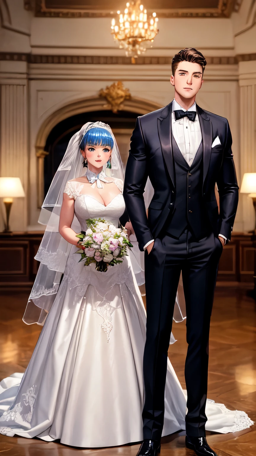 Lily and Jacob, both tall bodybuilders with the same height, in wedding attire. Lily wears an elegant wedding gown with intricate details, and Jacob is in a classic black tuxedo with a bowtie. The setting is a festive wedding scene with vibrant decorations.