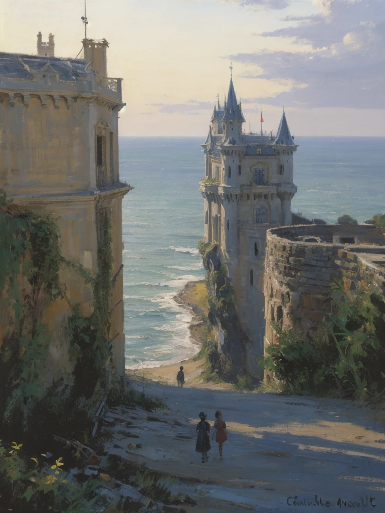 (((best quality))),epic huge fantasy castle in the horizon in the distance far away,best architecture,High Saturation, Clear, Reasonable structure, Cartoon ,no people just scenery,scifi space opera landscape
