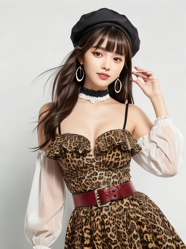 masterpiece, One girl, alone, Ultra high definition, Black Hair, Have, jewelry, Long Hair, View your viewers, bangs, Earrings, skirt, White Background, smile, shirt, Simple Background, heart Earrings, Long sleeve, heart, Black Hat, black shirt, frilled choker, Beautiful breasts, Brown eyes, choker, blunt bangs, Upper Body, beret, Medium chest, brown skirt, Frills, Manicure, ribbon, Red nails, Mouth closed, Animal print, blush, Frills袖, leopard pattern, neck ribbon, with own hands