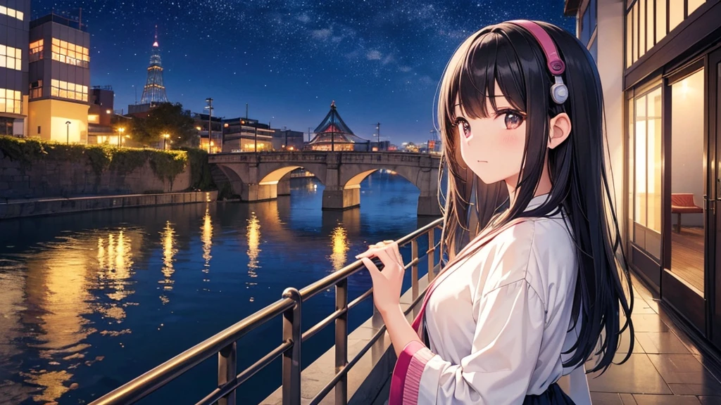 Places where you can see Osaka Castle。A young girl with black hair wearing stylish clothes and headphones labeled "lo-fi" The girl is shown in profile, gazing into the distance with a calm, relaxed expression Background depicts the iconic scenery of Namba, Osaka at night, without any text on signs A starry night sky adding to the peaceful atmosphere Overall mood is quiet and serene, perfect for lo-fi music Detailed hair rendering and careful attention to the girl's fashionable outfit The entire scene should evoke a relaxing, introspective feeling associated with lo-fi music