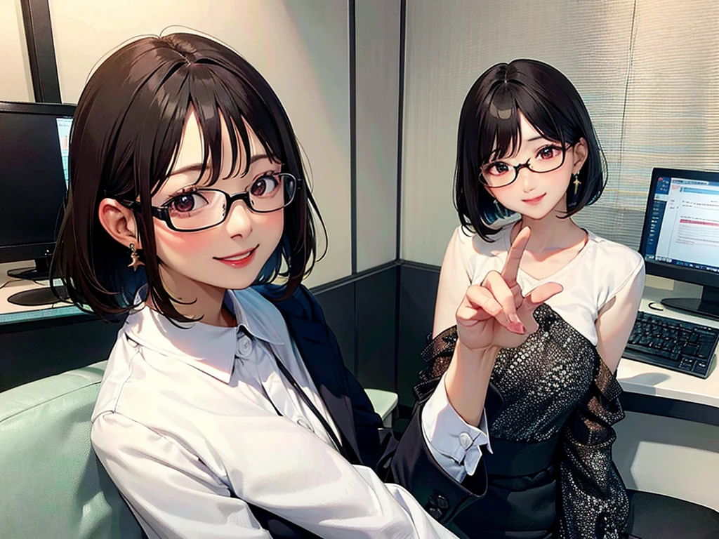 Editor, Glasses, Earrings, Cute smile, Beautiful Korean Women, Beautiful smile, boss, senior, Bobcut, Brown Hair, interview, computer, Office Lady, suit, is working, Smiling Kindly, A slightly cute smile, , Hardworking, OL, ,Working,masterpiece, ultra detailed, woman, smart, noisy, nervous, amazed, Wink, bob,1 person