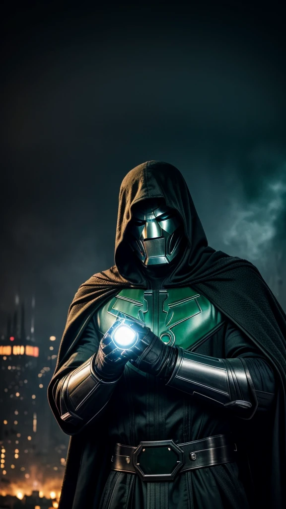 Doctor Doom Marvel, 35mm lens, photography, ultra-detailed, HDR, UHD, 8K, portraits, dark atmosphere, menacing expression, black cloak, iconic metal mask, glowing power green eyes, intricate armor, smoke effects, dynamic pose, ruined cityscape, dramatic lighting, intense shadows, vibrant colors, Srombreaker in doctor Doom se hand