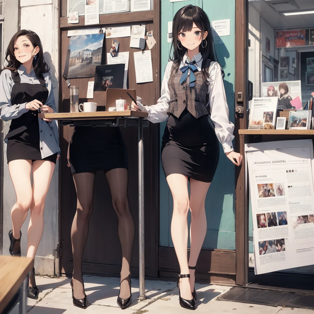 (Best Quality, Masterpiece),Wearing a pink plaid vest, White short sleeved shirt, Gray pencil skirt, Wear stiletto heels, Necklace, earrings, Cute face, Smile, Blushing, Shyness, Glass wall, Ultra Detail, Realistic, Front view, Whole body, stunning, cute, warm smile, hourglass figure, apron, text, chart, advertising, magazine title(Best Quality, Masterpiece), Mag((((1ladyl,)))) (masterpiece), (realistic), (best quality), (ultra-detailed), (wearing in [[white and gray check pattern]] Vest worn over white collared long-sleeved shirt:1.4), (gray vest with buttons:1.2), (Pink Theme:1.2), (blue ribbon ribbon:1.3), (Black theme:1.4), (Tight black pencil skirt:1.5), ((Brown pantyhose)), (high-heels:1.1),longskirt,office desk, office chair,Lulubre Unity 8K Wallpaper, pantyshot, long brown hair, office lady Magazine Cover, 1girl,  amazing, girl, 30 years old, house wiife, warm smile, hourglass figure, text, chart, advertising, magazine title