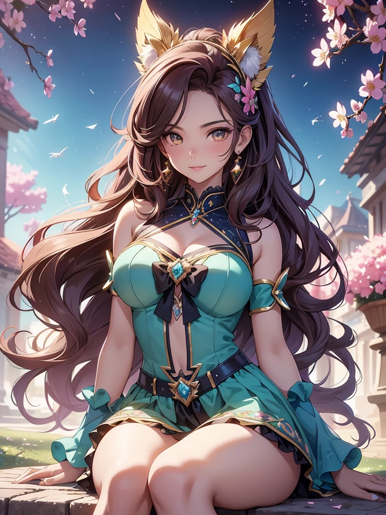 (best quality,4k,8k,highres,masterpiece:1.2),ultra-detailed,(realistic,photorealistic,photo-realistic:1.37),acrylic painting,beautiful Brazilian model in a uniform outfit with downy hair,beautiful Brazilian model with extremely colorful brown hair and detailed facial features,beautiful Brazilian model standing in a beautiful garden surrounded by a starry sky,brown hair,beautiful Brazilian model wearing a vibrant pink and teal uniform outfit,beautiful Brazilian model with intricate accessories,cat ears,beautiful Brazilian model posing gracefully with her hands on her hips,beautiful Brazilian model with long flowing twintails,beautiful Brazilian model with bright brown eyes and rosy lips,beautiful Brazilian model with a joyful expression,beautiful Brazilian model in a dynamic pose with cherry blossoms falling around her,beautiful Brazilian model surrounded by colorful flowers and butterflies,beautiful Brazilian model's school uniform outfit adorned with cute bows and lace details,beautiful Brazilian model with an enchanting smile,beautiful Brazilian model with soft, pastel-colored shading,beautiful Brazilian model with a magical glow illuminating her,beautiful Brazilian model in a picturesque setting with a winding path leading to a magnificent castle,beautiful Brazilian model with a fairytale-like background,beautiful Brazilian model with a soft, dreamy atmosphere,beautiful Brazilian model with a subtle bokeh effect,beautiful Brazilian model standing under a sunny sky,beautiful Brazilian model with a warm, golden sunset in the background,beautiful Brazilian model surrounded by twinkling stars and colorful nebulae,creating an ethereal and captivating artistic masterpiece, sitting down.