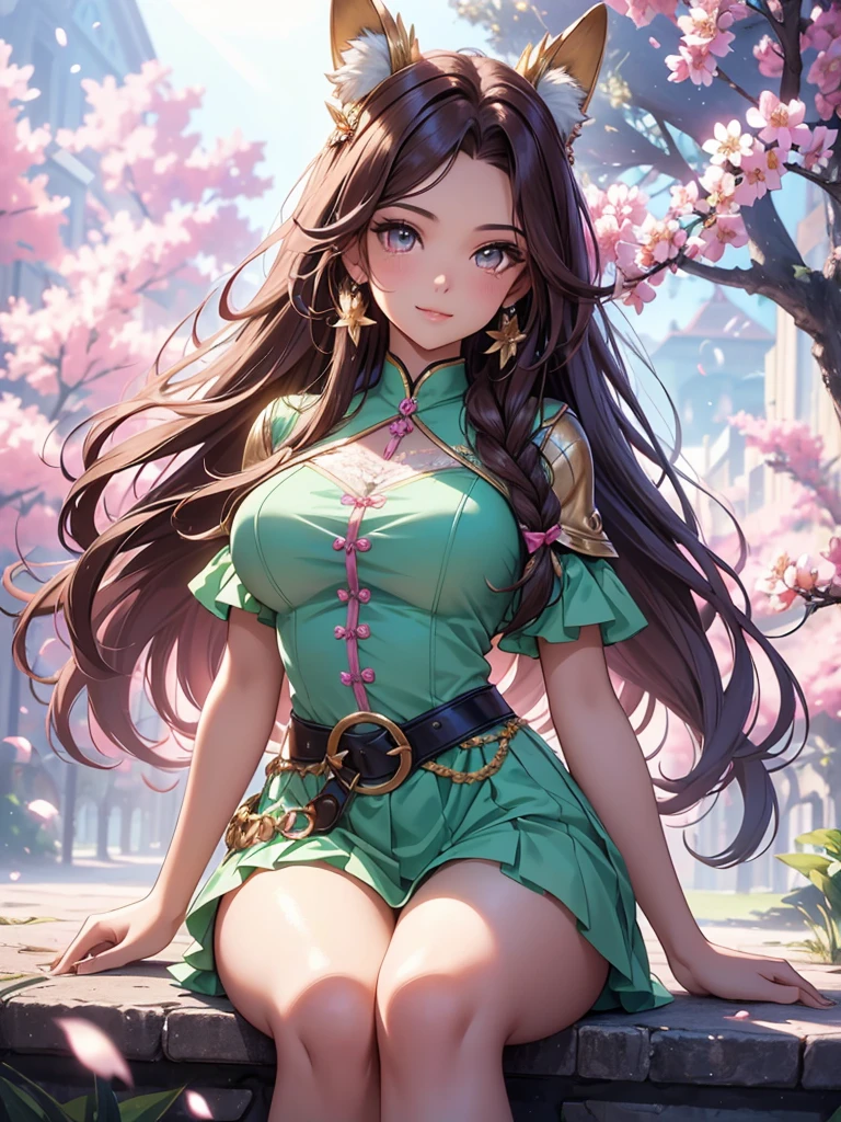 (best quality,4k,8k,highres,masterpiece:1.2),ultra-detailed,(realistic,photorealistic,photo-realistic:1.37),acrylic painting,beautiful Brazilian model in a uniform outfit with downy hair,beautiful Brazilian model with extremely colorful brown hair and detailed facial features,beautiful Brazilian model standing in a beautiful garden surrounded by a starry sky,brown hair,beautiful Brazilian model wearing a vibrant pink and teal uniform outfit,beautiful Brazilian model with intricate accessories,cat ears,beautiful Brazilian model posing gracefully with her hands on her hips,beautiful Brazilian model with long flowing twintails,beautiful Brazilian model with bright brown eyes and rosy lips,beautiful Brazilian model with a joyful expression,beautiful Brazilian model in a dynamic pose with cherry blossoms falling around her,beautiful Brazilian model surrounded by colorful flowers and butterflies,beautiful Brazilian model's school uniform outfit adorned with cute bows and lace details,beautiful Brazilian model with an enchanting smile,beautiful Brazilian model with soft, pastel-colored shading,beautiful Brazilian model with a magical glow illuminating her,beautiful Brazilian model in a picturesque setting with a winding path leading to a magnificent castle,beautiful Brazilian model with a fairytale-like background,beautiful Brazilian model with a soft, dreamy atmosphere,beautiful Brazilian model with a subtle bokeh effect,beautiful Brazilian model standing under a sunny sky,beautiful Brazilian model with a warm, golden sunset in the background,beautiful Brazilian model surrounded by twinkling stars and colorful nebulae,creating an ethereal and captivating artistic masterpiece, sitting down. 