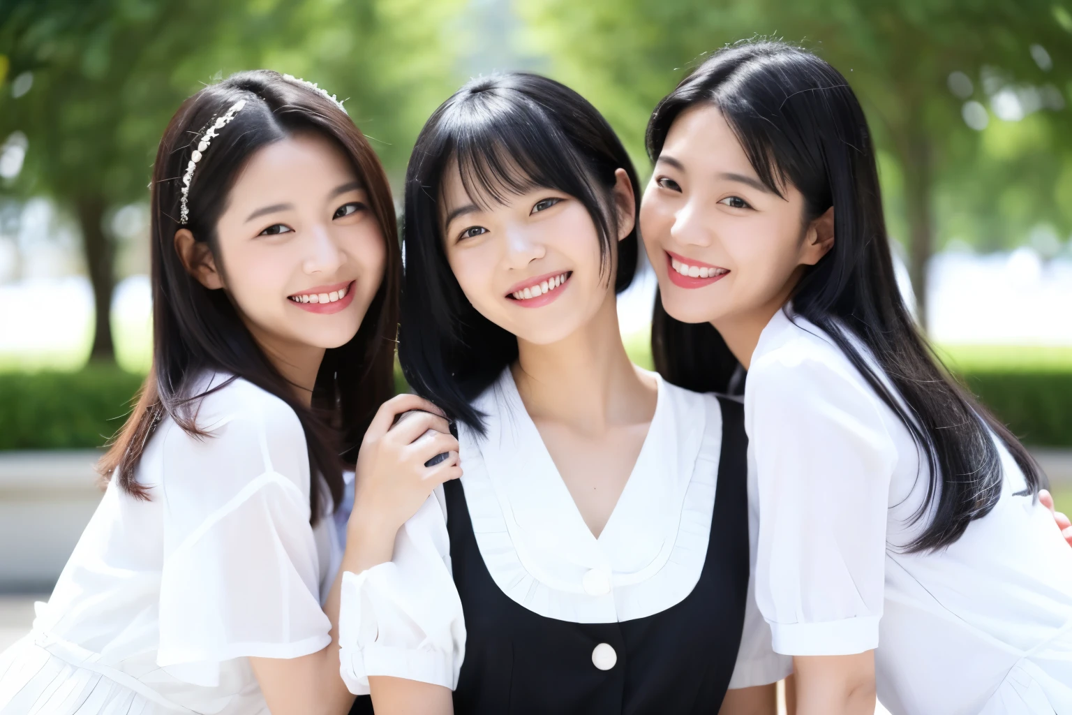 Girls in their 30s, 3 people, black hair, cute, white clothes, one piece, light smile