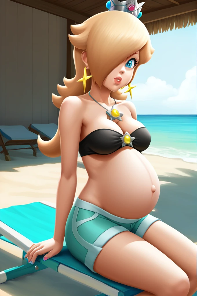 score_9, score_8_up, 1girl, solo, rosalina, style parody, thick outlines, black bikini, shorts, pregnant belly, sleeveless, strapless, cleavage, indoors, beach, 