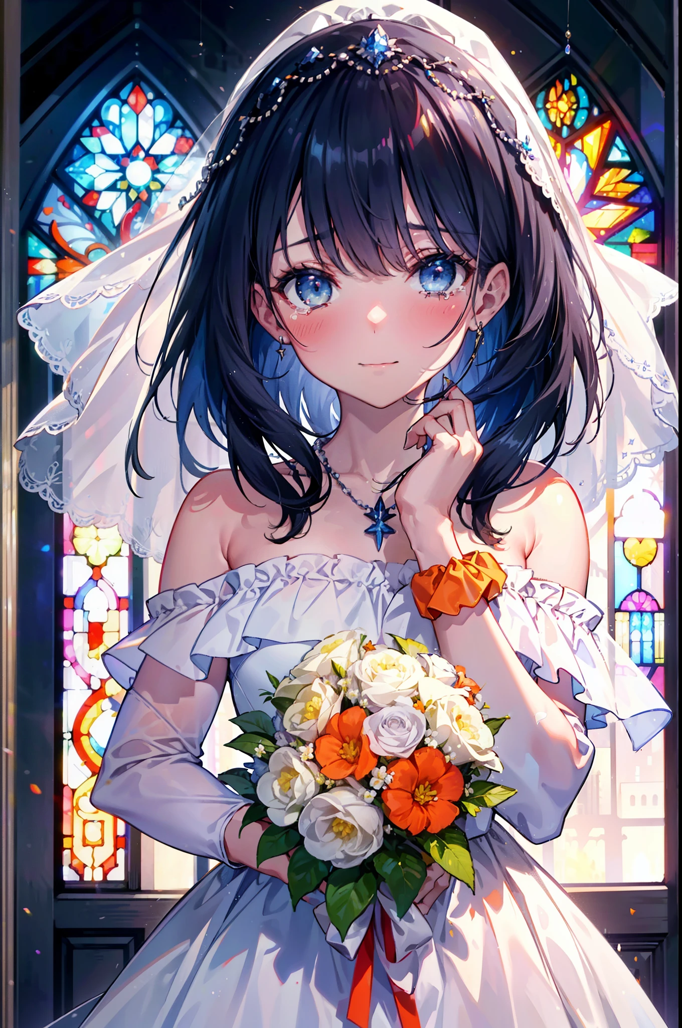 Rikka body,  Black Hair, blue eyes, Long Hair, orange Scrunchie, Scrunchie, wrist Scrunchie,happy smile, smile, Open your mouth,blush,off-the-shoulder wedding dresses,necklace,Veil,Holding a bouquet in both hands,,Please close your eyes.,Tears stream down her face,Tears of joy,I cry a lot,Stained glass,　　　　　　　　　　　　 
 break looking at viewer, whole body,(Cowboy Shot:1. 5) 　　　　　　　　　　　　　　　　　　　break indoors, Chapel,church, 　　　　　　　　　　　break (masterpiece:1.2), Highest quality, High resolution, unity 8k wallpaper, (shape:0.8), (Beautiful attention to detail:1.6), Highly detailed face, Perfect lighting, Extremely detailed CG, (Perfect hands, Perfect Anatomy),