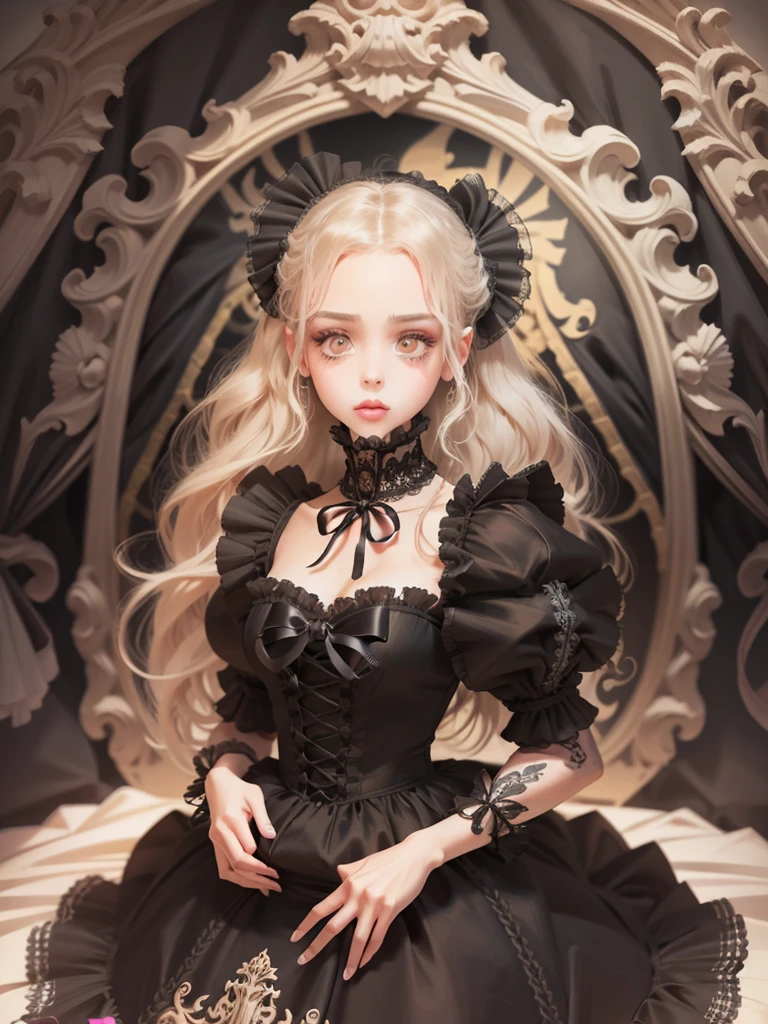 Beautiful Hardcore illustration homepage illustration style,exquisite facial features，The eyes are bright，chibiStyle，Dark,gothic barbie doll,Lolita skirt，delicate linework，3 Rendering