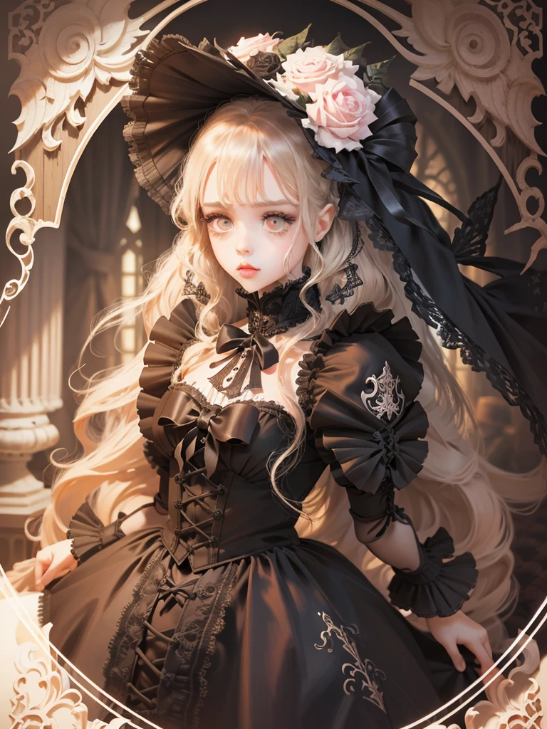 Beautiful Hardcore illustration homepage illustration style,exquisite facial features,The eyes are bright,chibiStyle,Dark,gothic barbie doll,Lolita skirt,delicate linework,3 Rendering